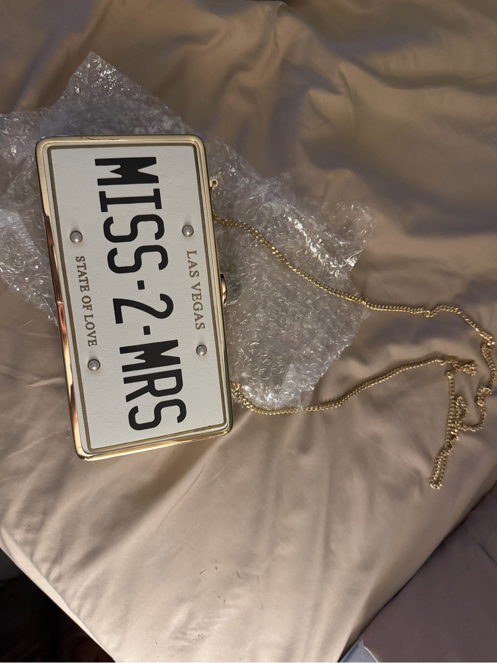 Aldo White 'MISS-2-MRS' License Plate Crossbody with Gold Chain